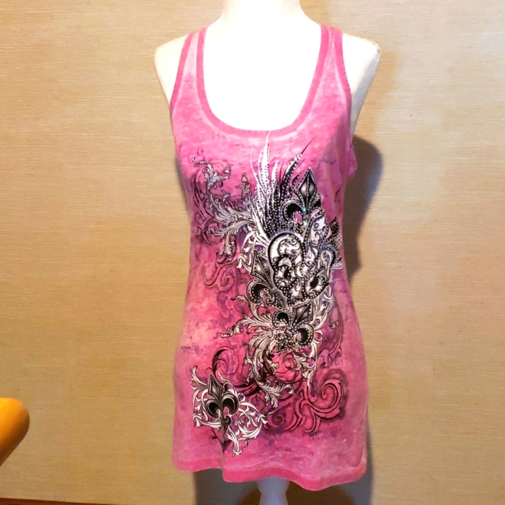Vocal Pink Fleur De Lis Long Tank Top.